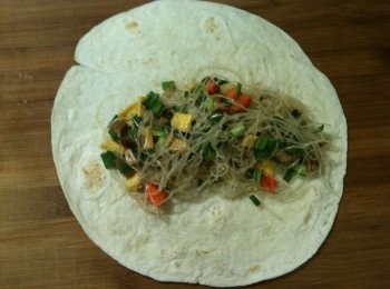 step20: (2) 在墨西哥薄餅皮上放上步驟A的內餡【一個<span class="group_2">盒子</span>放入3湯匙（喝湯的那種湯匙）的內餡】。