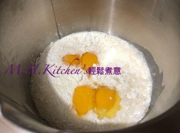 step21: 加入蛋,牛油溶液用攪拌機攪均成漿