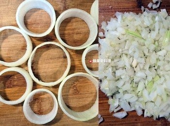 step2: 洋葱逆紋對切，再對切；取出外層的洋葱圈8個備用。將剩下的洋葱切碎。