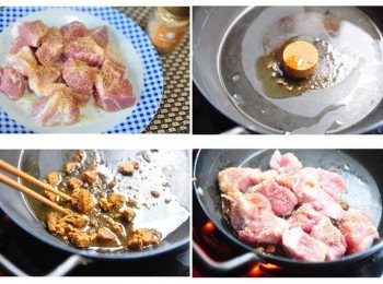 step3: 取適量的油加熱，放上咖哩塊用筷子壓碎加熱溶化，將醃漬的肉塊放上鍋子乾煎
