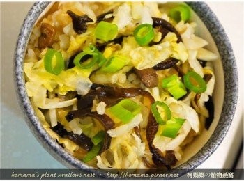 step6: 蒸好後的黑菇醬高麗菜蒸飯，只要灑上些許蔥花，就是一道可口的蒸飯！