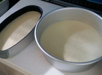 step5: 將粉糊倒入模中，再將模放入已注入2cm高水位的焗盤中,再加入8-10粒冰粒在焗盤水中，一齊放入已預熱180℃焗爐焗18-19分鐘至表面上完色,調至150℃焗

60分鐘即可出爐~