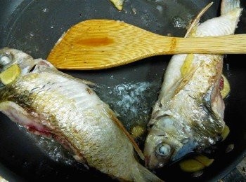 step4: 燒熱油，加入少許薑片與鯪魚煎香。