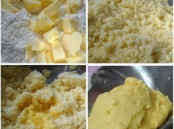 step3: 做法：
1. 中筋粉，糖霜，鹽和泡打粉拌勻加入牛油用手指捏搓成麵包糠狀最後加入蛋液拌勻成團。