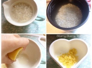 step1: 將生熟薏米混合，然後洗淨，浸水半小時。再將半個檸檬搾汁，刮出檸檬片，切碎備用。
