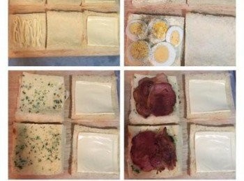 step4: 2片擠上適量美奶滋後，鋪上白煮蛋片，並撒上少許黑胡椒粉和ㄧ點點鹽；將2片吐司蓋在水煮蛋上並抹上蒜味奶油抹醬，鋪上瀝乾水份的洋蔥薄片後，再放上煎好的培根，上面再蓋上2片放了起司片的土司。 蒜味奶油抹醬連結：https://cook1cook.com/recipe/29708