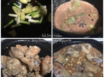 step2: 烹調：
Staub鍋中火加熱，倒入適量油，倒入薑片、蔥白及八角以小火爆香。