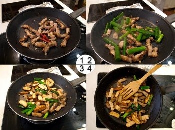 step3: 五花肉切片先用平底鍋小炒逼油，放入蔥與辣椒爆香，再放入豆干拌炒。