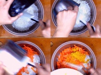 step6: 米洗淨後下鍋，下洋蔥、甘筍、橙皮拌勻，之後下白酒，橙汁拌勻
）