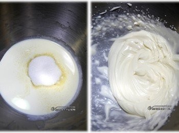 step1: 把鮮奶油與細砂糖混合後，打發（ 花紋不消失，不流動狀）