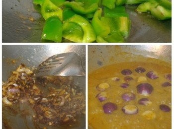 step4: 原鑊把青椒炒香後盛起。把蒜頭、指天椒、紅葱頭和紅咖哩炒香再灒酒，加入水和一半份量的椰奶待煮沸然後再加入已篩瀝鹽水的圓茄子，蓋上蓋子用中火煮至微軟。