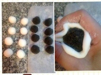 step5: 128g分成8顆搓圓(每顆約16g),拿出冷凍芝麻餡,將糯米糰壓扁後用弧口包入芝麻餡，捏緊收口後略搓成圓，再放入冷凍中冷藏。要吃時等水滾後再放入並略微攪拌，不要讓湯圓黏在鍋底。浮起後加半杯水再次煮滾即可撈起放入薑湯中。