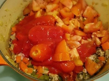 step5: 加入蓄茄粒及罐頭蓄茄連汁，拌勻。