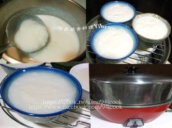 step3: 開中小火邊加熱邊不停攪動，直到米漿變濃稠，煮的過程全程人不可離開， 防止底部焦黑前功盡棄，將煮好的米漿倒入碗內蒸20分鐘。