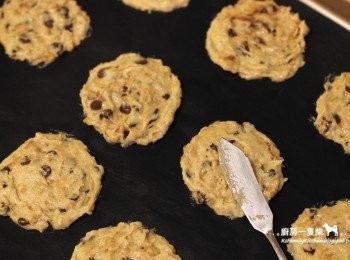 step9: 以湯匙舀取適量麵糊，以湯匙底或其他工具稍微壓平，間隔約3公分，排列在鋪有烘焙紙或不沾烤布的烤盤上。

*:.｡小提示1｡.:* 事先壓平使每一塊餅乾的厚度均勻，可確保烘烤時受熱一致。