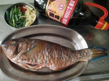 step1: 將清蒸鰱魚【澎湖野生水產】從袋中取出，解凍，將去魚鱗、魚鰓、內臟，並清洗乾淨再於魚背畫刀，辣椒斜切、薑絲切絲、青蔥切段、蒜頭切塊，放於蒸盤上；