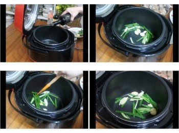 step4: 步驟3設定後於內鍋加入酌量食用油，
然後將薑片ˊ蔥段ˊ蒜瓣ˊ皆拌炒至香味釋出