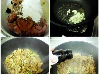 step3: 炒香蒜頭接著加入醃好豬肉絲拌炒至熟，接著加入土豆麵筋大火快炒到醬汁微收乾，起鍋前再適量加梅狀元陳醋老梅膏、蒜苗約炒1分鐘即可。