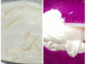 step7: 淡忌廉加80g砂糖打起至七成企身後分次拌入步驟⑸內。然後加入已放涼的步驟⑹拌勻。