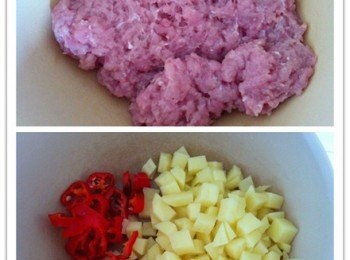 step1: 預備<span class="group_1">食材</span>肉碎，馬鈴薯切料，紅辣椒切絲。