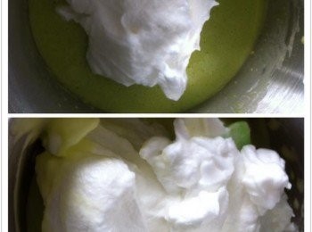 step3: 取出攪拌好的斑斕糊，打發好的蛋白分三次加入，用橡皮刮刀攪拌均勻。
注意攪拌方式，這是指定動作，就是中間劃一刀然後，由底部翻上面。。
重複動作直到沒完蛋白霜為止。
這個時候可以啟動烤箱200度上下火【蒸烘法】。