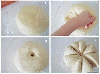 step3: 1）一小时后，面团已经膨胀两倍大。 2）以拳头式的轻轻压再搓揉面团使面团里的空气挤压出来。 3）将手指往面团中心压，如果面团不反弹就证明面团已经充分发酵。 4）在台面上撒一些面粉。之后，将面团分割成8等份。