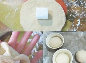 step3: 取漂亮面在外，
每份麵糰的中央放入一個棉花糖，用手指由四周拉向中央收口、確實捏合，
放入尺寸適合的容器中，在溫暖處最後發酵50分鐘！
◎這邊兩個麵糰裝容器，一個單獨包入棉花糖後整形成圓！