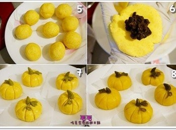 step2: 5. 將南瓜粉團平均分團(毛毛分成9小糰)
6. 每個小粉糰揉圓壓平後包入適量紅豆餡，
7. 將紅豆餡包起來收口收緊，捏成有點扁圓形，用器具壓出痕跡，再把綠色小粉糰捏成圓錐狀，黏在頂端當蒂頭，拿剪好的烘焙紙墊在下面避免沾黏在盤子上
8. 將大盤子放入平底鍋，南瓜QQ排列在上面，彼此之間要有間隔，用刷子塗上些許植物油，在平底鍋加2杯米杯的水，用中小火蒸6-8分鐘