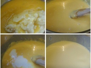 step2: 把4隻蛋黃加2隻全蛋打散，分次倒入步驟(1)內。然後再分次倒入牛奶拌勻。