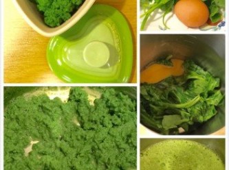 step3: 趁空檔先做翡翠，把洗淨剪碎備用的山菠菜和ㄧ顆雞蛋用攪拌器打成綠色的汁液，然後倒入鍋中小火慢慢收乾汁液後就是漂亮的翡翠