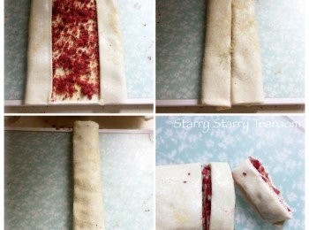 step4: 按著圖示，將酥皮兩邊摺起，再摺起，然後對摺成一卷。放到冰箱冷藏二十分鐘。從冰箱拿出來後，將酥皮卷切條。