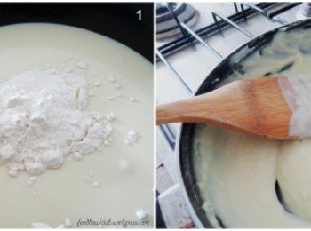 step1: ［制作湯種］ 以中火预热锅子，加入豆浆和面粉，不停的搅拌均匀至粘稠的质地。熄火，将面糊放一旁充分的冷却。