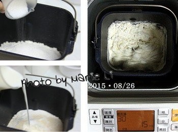 step1: 使用烤盤尺寸：28 cm X 28 cm X 3 cm

(Panasonic SD-BMS105T Mode30 烏龍麵麵糰模式)

將奶油以外的所有<span class="group_1">食材</span>全都放進麵包機容器中
設定麵包機為 Mode30 《烏龍麵麵糰模式》
讓它跑一次 15分鐘 的行程