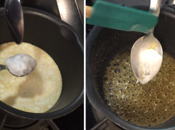 step4: (左圖及右圖）微暖後加入椰槳及椰子油。