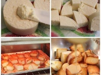 step1: 饅頭切厚片(約2公分厚), 兩面抹上薄薄的奶油 ** 饅頭不用先蒸熱, 熱的饅頭太軟不好切. 若使用冷凍饅頭, 請先放至室溫退冰