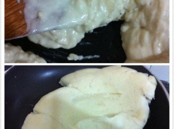 step2: 將全部材料【色素除外】倒入不沾鍋【平底鍋】，以中小火慢煮成麵團。
要不時的以木鏟反復，拌均勻。