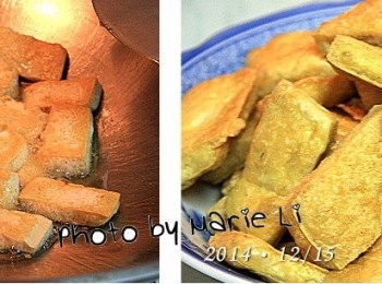 step3: 起油鍋，將油燒熱
《生豆干》一塊塊的放進去
中小火煎至表面酥脆
瀝乾油，撈起備用。