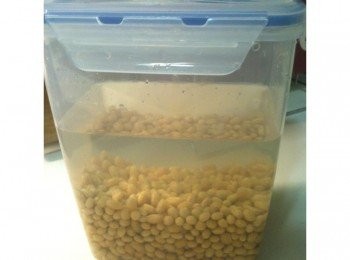 step1: 泡黃豆：拿出保鮮盒，放入生黃豆和水（生黃豆：水＝1：2），置入冰箱冷藏室泡一晚。