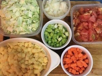 step3: 剩下半顆的洋蔥切丁,紅蘿蔔、馬玲薯切丁(比紅蘿蔔丁略大一點),西洋芹去葉切小丁,高麗菜切方丁.