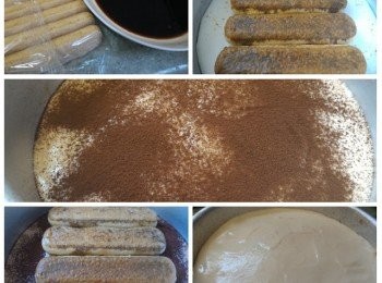 step6: 把手指餅的兩面快速地沾上步驟(2)後放在蛋糕模的底部(避免手指餅過濕可用掃沾上步驟⑵再掃上手指餅上)然後倒入步驟⑸及刮平，再過篩灑上無糖可可粉。重複放入手指餅及倒入步驟(5)。
** 倒入苦甜朱古力溶液再用竹籤畫花(選擇性)