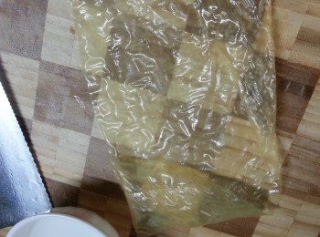 step5: 腐皮剪出一塊長方型(約5吋X7吋)