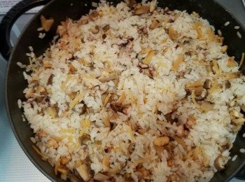 step3: 現在加入冬菇粒，瑤柱絲，蝦乾及章魚撈勻，以慢火焗 7-8分鐘，熄火後唔好開蓋焗2分鐘。