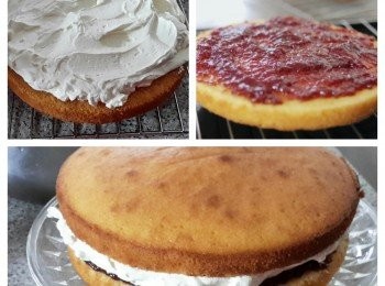 step6: 將蛋糕脫模，放在涼架上待涼。在一蛋糕面上塗上草莓果醬，另一個蛋糕在面上抹上已打發的鮮奶油