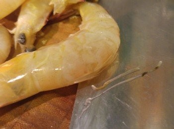 step1: 1, 先將咸蛋黃蒸約15分鐘後壓碎, 蒜頭琢成蓉, 蝦用鉸剪剪去腳和頭部較尖的角. 背部一刀然後挑出蝦腸備用。