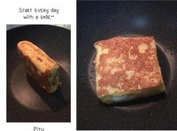 step5: 將煎培根的油倒出來後，用小火熱鍋；ㄧ顆全蛋加少許鹽後打散成蛋液，取其中ㄧ份三明治從4個邊略壓ㄧ下後，浸到蛋液中，翻面也要浸到，還有4個邊。然後放入鍋中慢煎到2面呈金黃，再煎邊邊的4面即可取出放涼後對切。