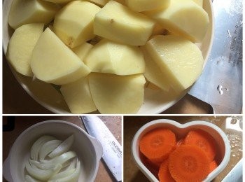 step2: 將紅蘿蔔和薯仔切件，洋蔥切絲。