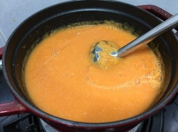 step12: 由於刀片在攪拌棒內側, 所以不用擔心損壞鍋子, 也可以打斜打成蓉