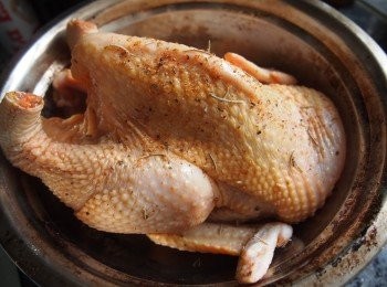 step1: 雞洗淨，切去頭、Pat Pat和腳掌，裡裡外外印乾；
在皮上塗橄欖油，抹勻鹽、香草和紅椒粉後抹勻全隻雞，醃1小時以上，隔夜更好；如有新鮮迷迭香，可塞1至2條進下方皮和肉之間，會更入味