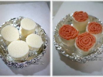 step2: 山藥洗淨去皮切成四塊，接著把明太子醬擠在上頭