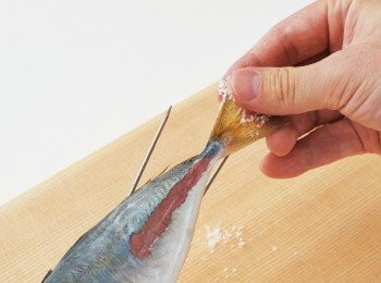 step5: 為了避免魚鰭燒焦剝落，先用手指在尾鰭與胸鰭塗滿鹽，再於整條魚撒鹽。